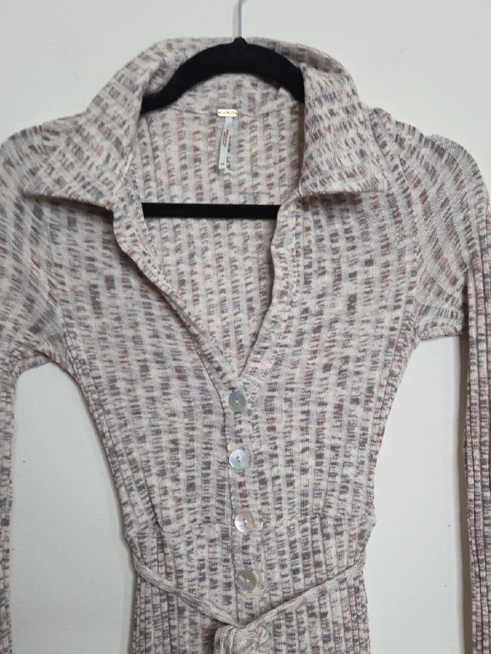 Free People Ribbed Collared Button-Front Jumpsuit in Taupe Speckle
